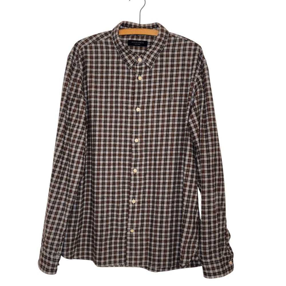 AllSaints‎ Downham Plaid Button Up Shirt Men’s XXL Brown Gray 100% Cotton